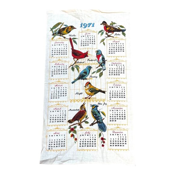 Vintage 1971 Linen Calendar Tea Towel With Song Birds Warbler Cardinal Blue Jay - Picture 1 of 6